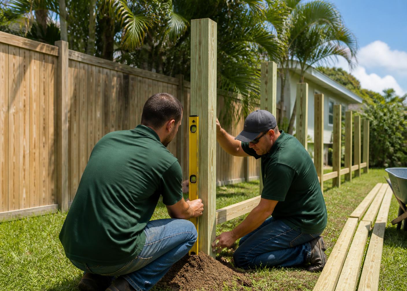 Perimeter Pros installers setting a fence post in an Ocala backyard