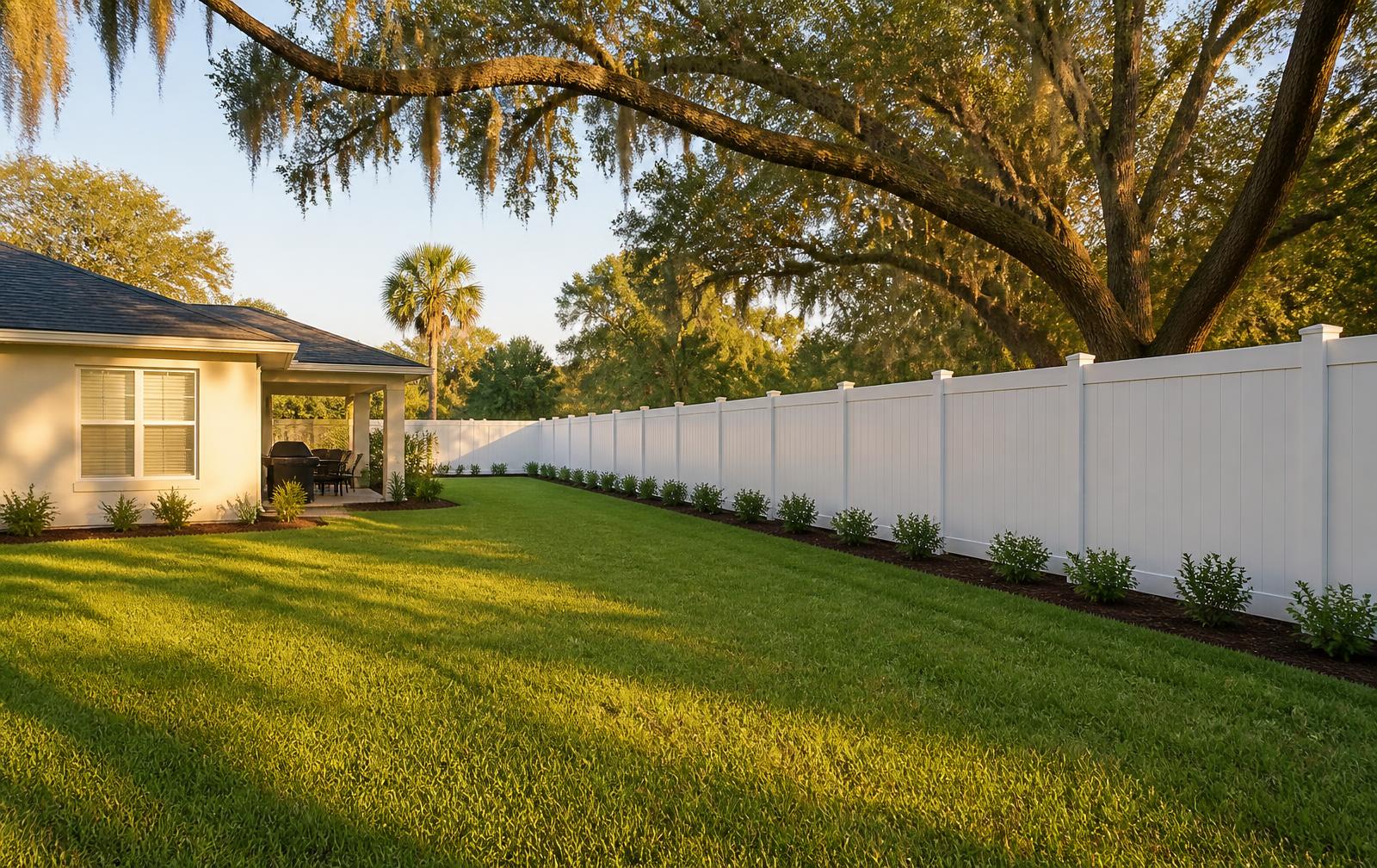 New white vinyl privacy fence installed by Perimeter Pros Fencing in an Ocala, FL backyard